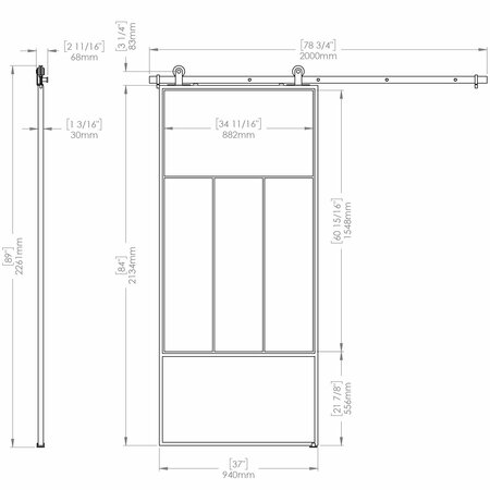 Renin Division Clear Glass Metal Barn Door with Installation Hardware Kit 37 in. KMCTDVC-37BL